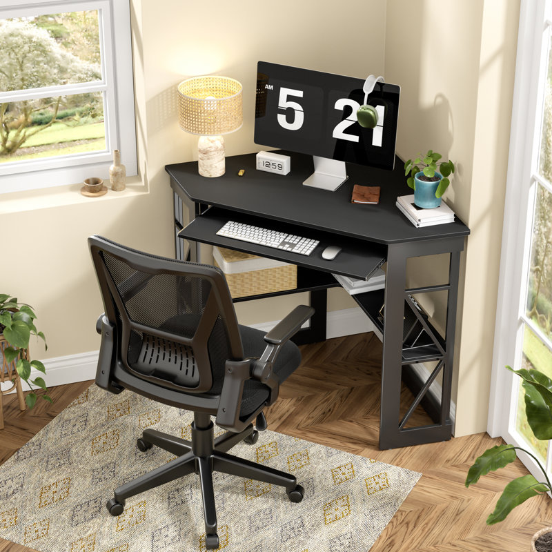 2-Piece Corner Computer Desk And Ergonomic Mesh Office Chair Set, L-Shaped Home Office Workstation With Storage Shelves And Adjustable Swivel Task Chair With Wheels, Space-Saving Study Writing Desk For Bedroom, Gaming, Small Office