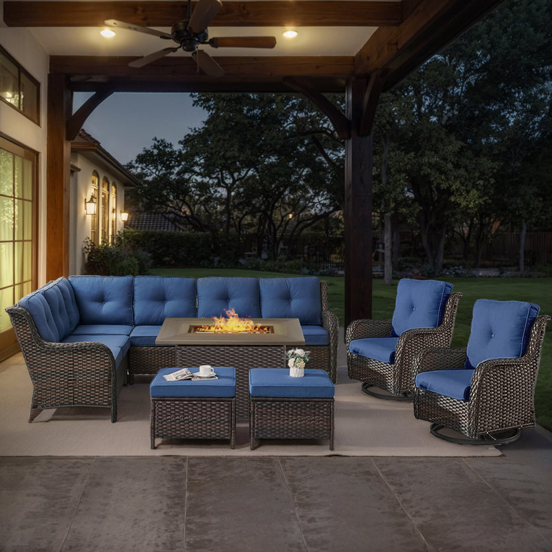 Dahlyla 8- Person Outdoor PE Wicker Sectional Seating Group with Fire Pit, Ottomans and Cushions, Blue, Brown