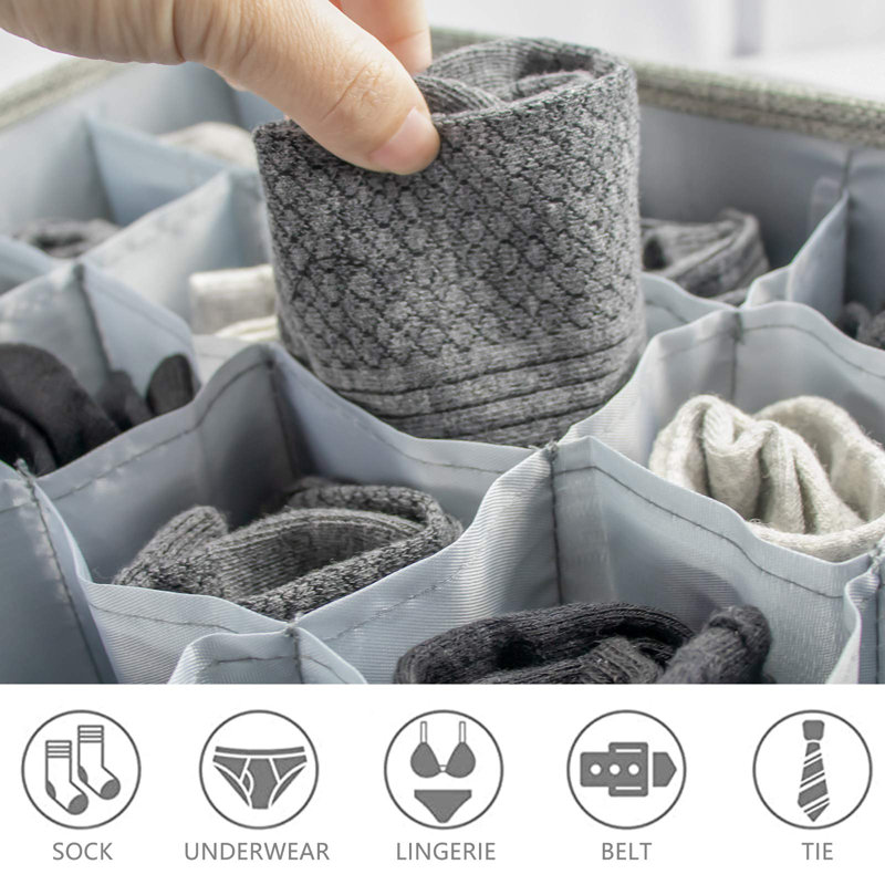 Sock Drawer Organizer Divider 2 Pack Socks Organizer With Lid 30 Cell Foldable Closet Sock Storage Divider Tie Storage Underwear Storage Boxes(Grey)