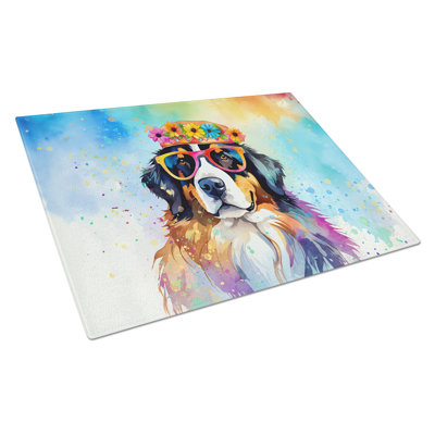 Bernese Mountain Dog Hippie Dawg Glass Cutting Board Large