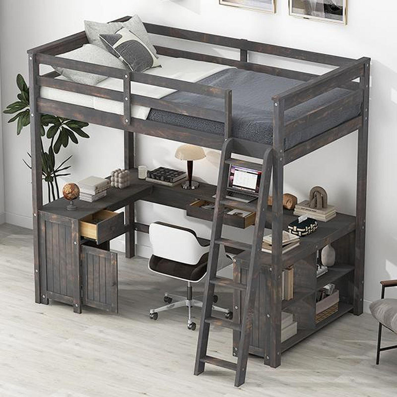 Lit mezzanine double avec bureau en U, tiroirs et tablettes de rangement
