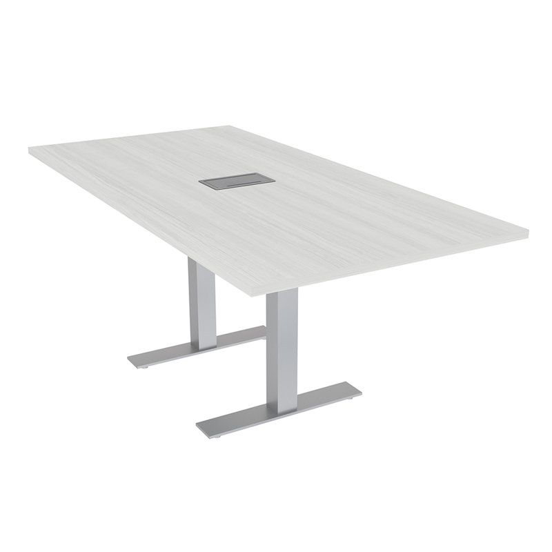 Table de conférence rectangulaire avec base en T en métal | Unité électrique, Cyprès blanc, L 72 po x l 36 po, Argent argent