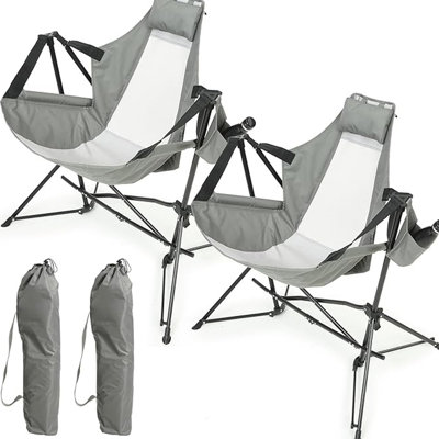 Chaise de camping hamac, chaise berçante pliante portative, chaise pivotante à dossier réglable en alliage d'aluminium avec porte-gobelet, fauteuil inclinable avec sac de transport pour la cour extérieure de voyage, gris (2 pièces)