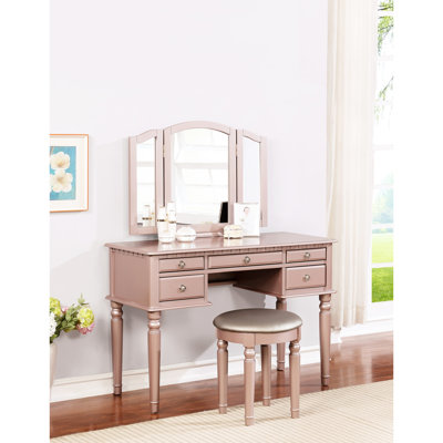 Contemporary Bedroom Vanity Featuring Rose Gold Color, Three - Piece Foldable Mirror, Five Drawers And A Padded Round Stool, Birch Veneer For Bedroom, Finish, Grey Rubberwood