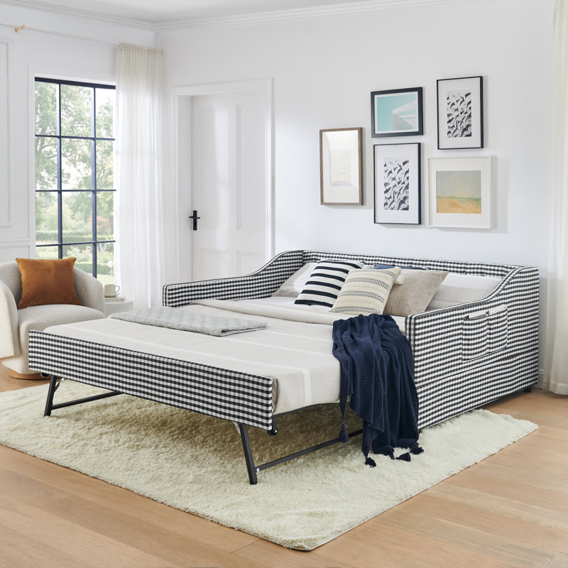 Full‑Size Daybed,Upholstered Convertible Daybed with Tufted Button Backrest, 3‑in‑1 Versatile Sofa Bed with Pull‑Out Trundle & Side Storage, Perfect for Compact Living