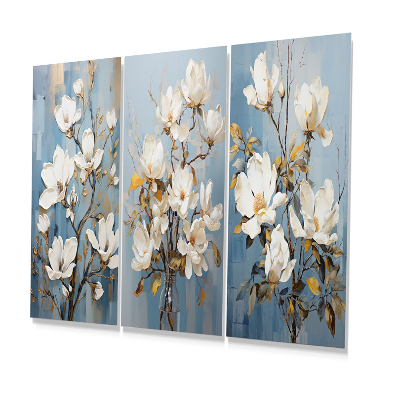 Ensemble de 3 élégantes sérigraphies magnolias blanches et bleues - magnolias, H 32 po x l 48 po, Floral II