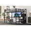 Lit mezzanine double en métal avec bureau en L, garde-robe, ports USB, lumières DEL et tablettes de rangement réglables.