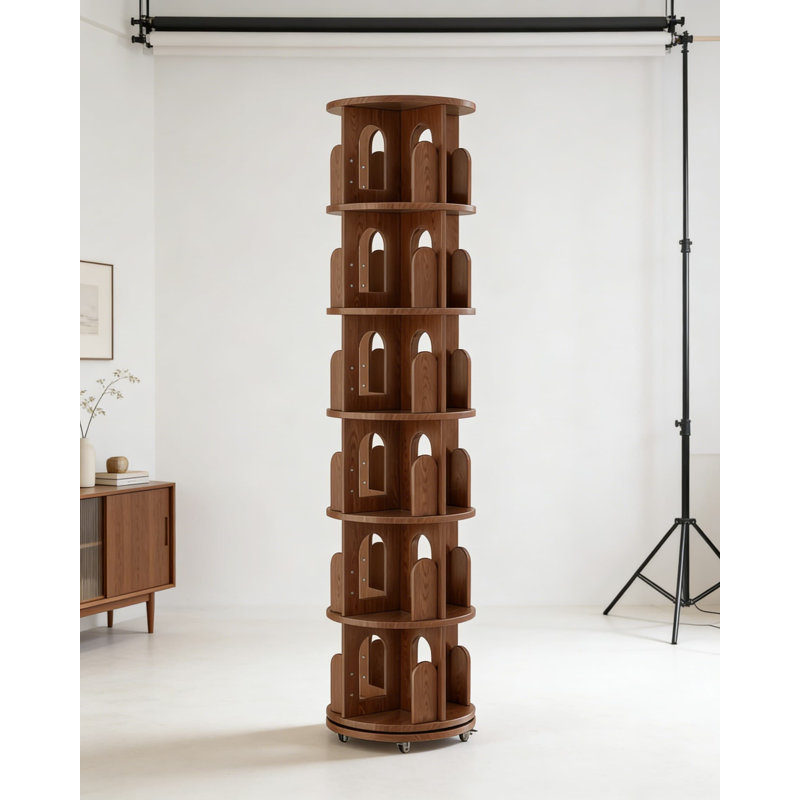 Tour de bibliothèque rotative à 6 niveaux en bois massif avec roues verrouillables, bibliothèque d'angle rotative avec serre-livres intégrés pour les petits espaces, grande étagère de rangement étroite pour les livres et la décoration