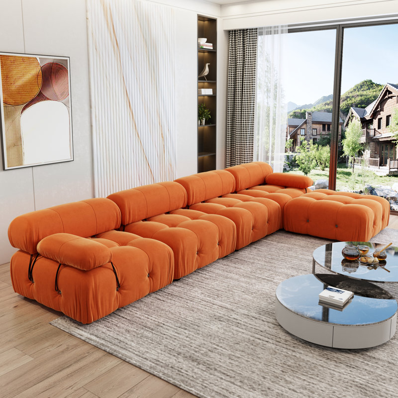  Cylar 138.6'' Wide Velvet Reversible Modular Sofa & Chaise With Ottoman, Orange Velvet