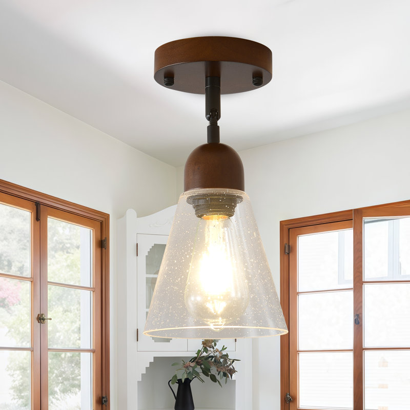 Luminaire plafonnier semi-encastré en bois rustique à 1 lumière de style campagnard avec abat-jour en verre ensemencé pour l'entrée de la cuisine de la salle à manger