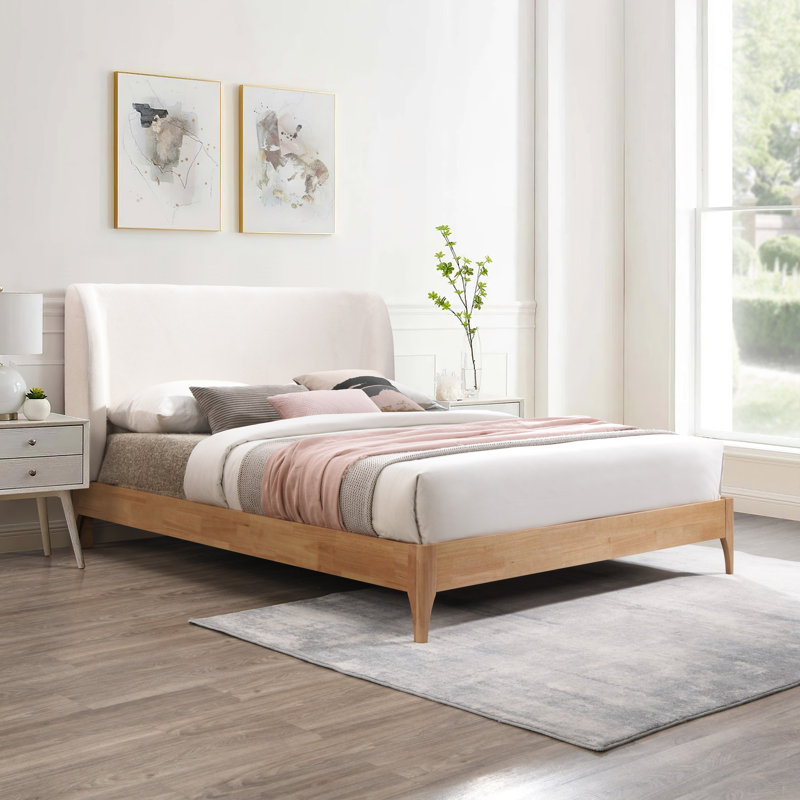 Lit à panneau tapissier Kahler, Tissu de polyester crème, Très grand