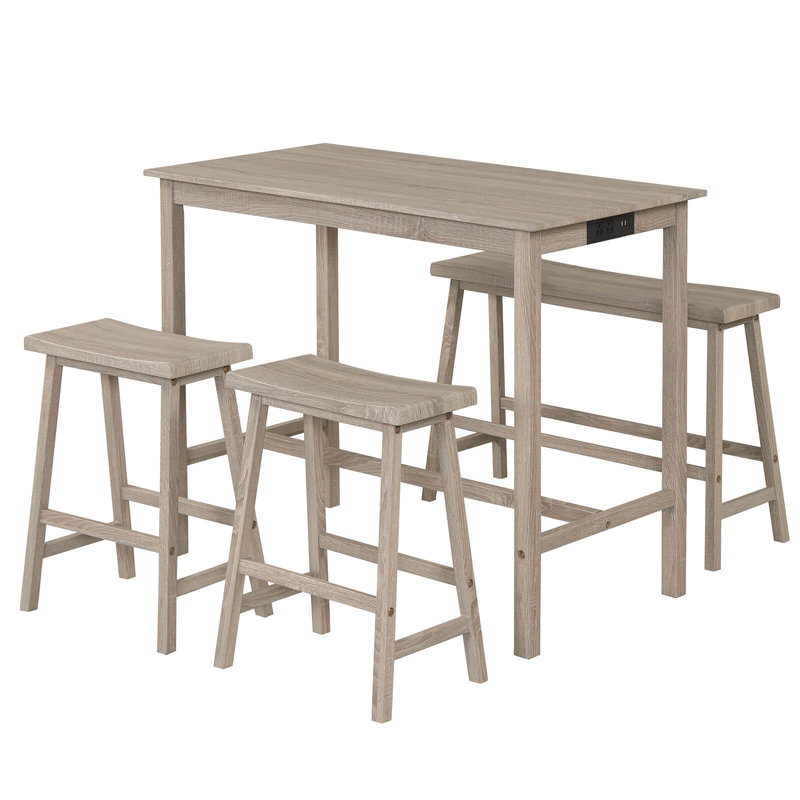 Ensemble de 4 tables de salle à manger à hauteur de comptoir en bois d'hévéa avec prise électrique, Light Gray