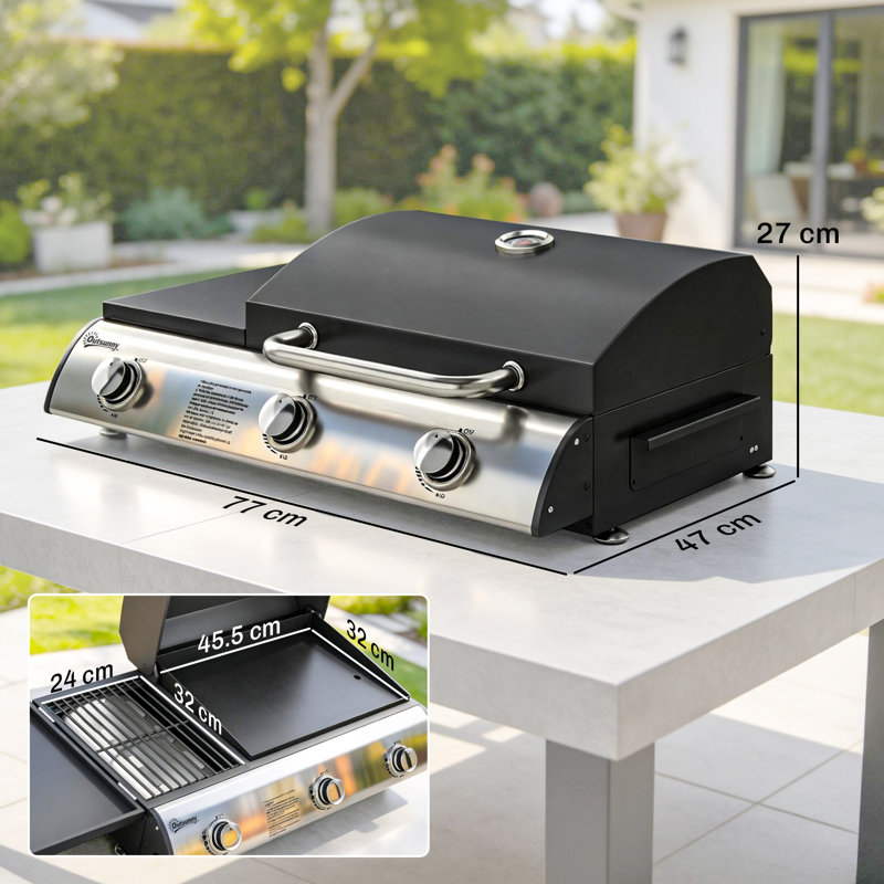 Outsunny 3 Burner Portable Gas Plancha BBQ Grill 7.5 kW with Griddle Black