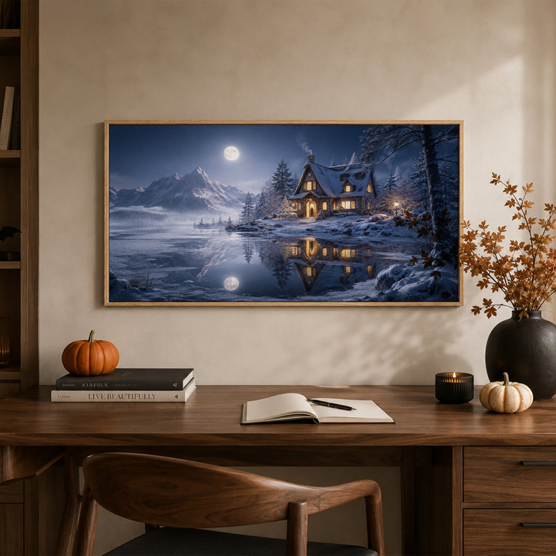 " Snowy Cabin With Glowing Windows Moonlit Lake Halloween " Painting Print, 58“W x 28”H
