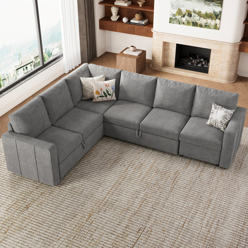 L-Shaped Modular Sleeper Sectional , Chenille - Light Gray