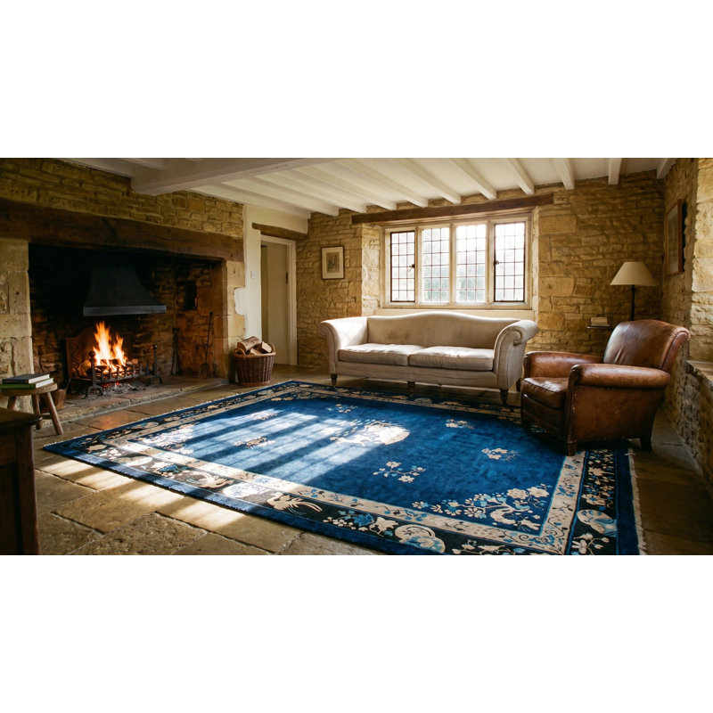 Antique Peking Chinese Floral Blue 1920s Rug