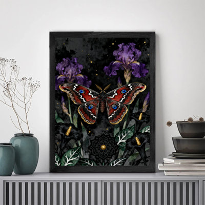 Art encadré noir rétro Des fleurs colorées et mystérieuses attirent de magnifiques papillons, impressions encadrées de style rétro
