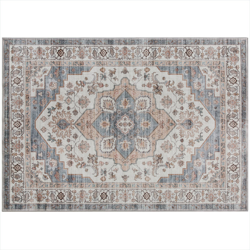 Warm brown and light blue polyester area rug with vintage medallion style for living room