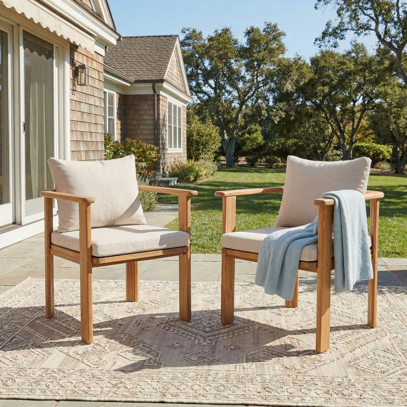 Chaise d'extérieur en bois d'acacia avec coussin, ensemble de 2, Beige, Beige