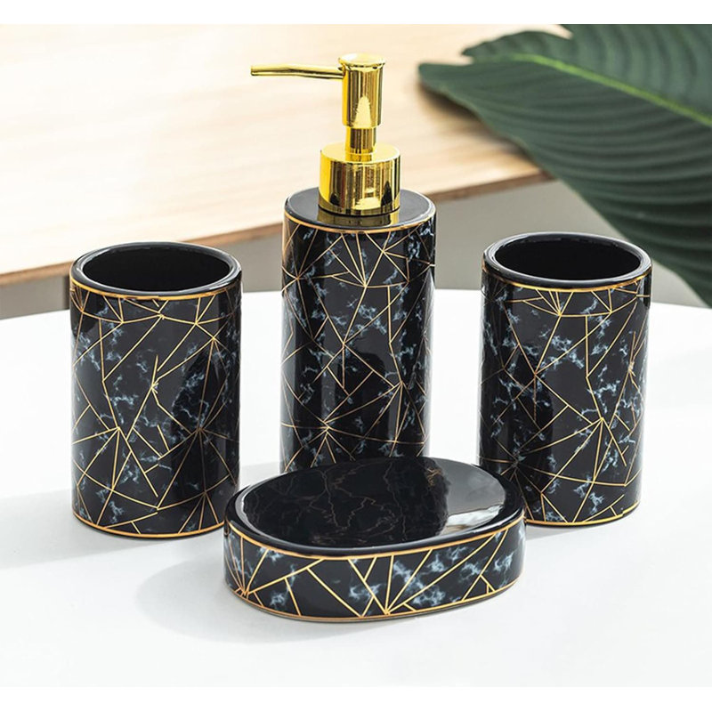 4pcs Ceramic Bathroom Set: Toothbrush Holder, Mouthwash Cup, 300ML Lotion Dispenser, Soap Dish, Black