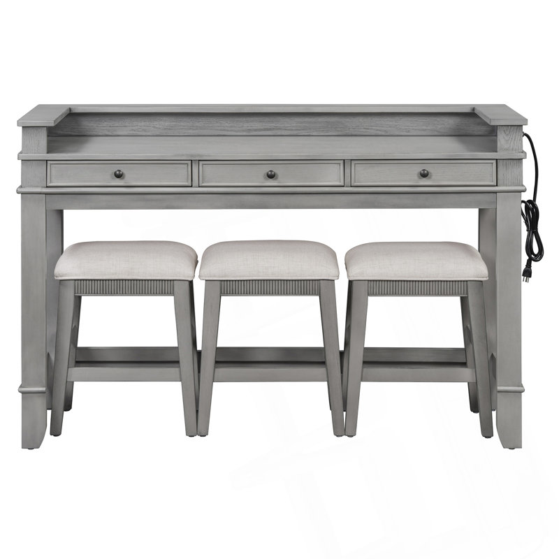 Ensemble de table de salle à manger 4 pièces rétro avec tiroirs de rangement et chargement USB, Light Grey, Light Grey