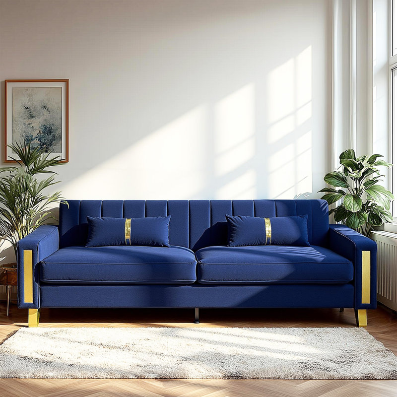 Solid Wood Frame 3 Seater Sofa with Compressed Seat Cushions, Modern Upholstered Couch for Living Room, Blue