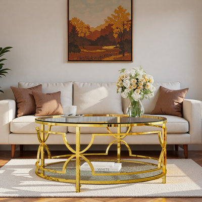 Round Coffee Table With Tempered Glass Tabletop, Geometric Metal Frame And Lower Shelf