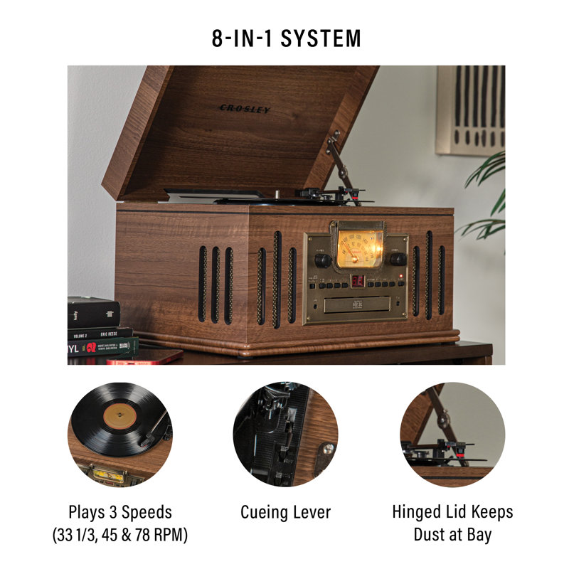 Walnut Vintage Style 8-in-1 Record Player with Bluetooth