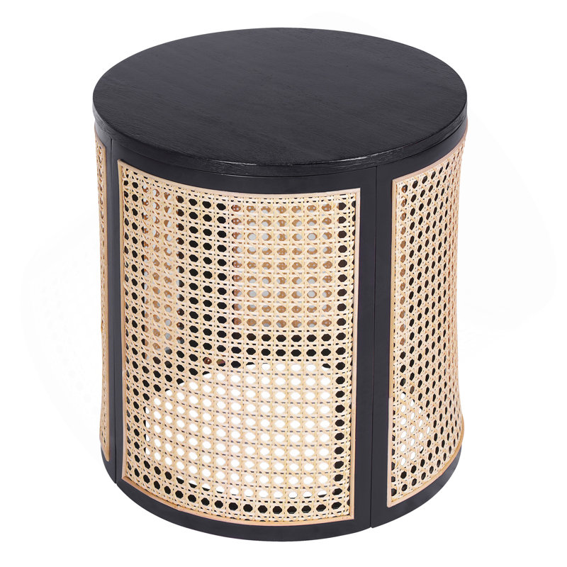 15.70" Round End Table, Hollow Woven Side Table, Small Rubber Wood Nightstand, Rattan Woven Tea Desk, Round Wood Tabletop, Chic Home Decor Desk, Easy Assembly, Black Color