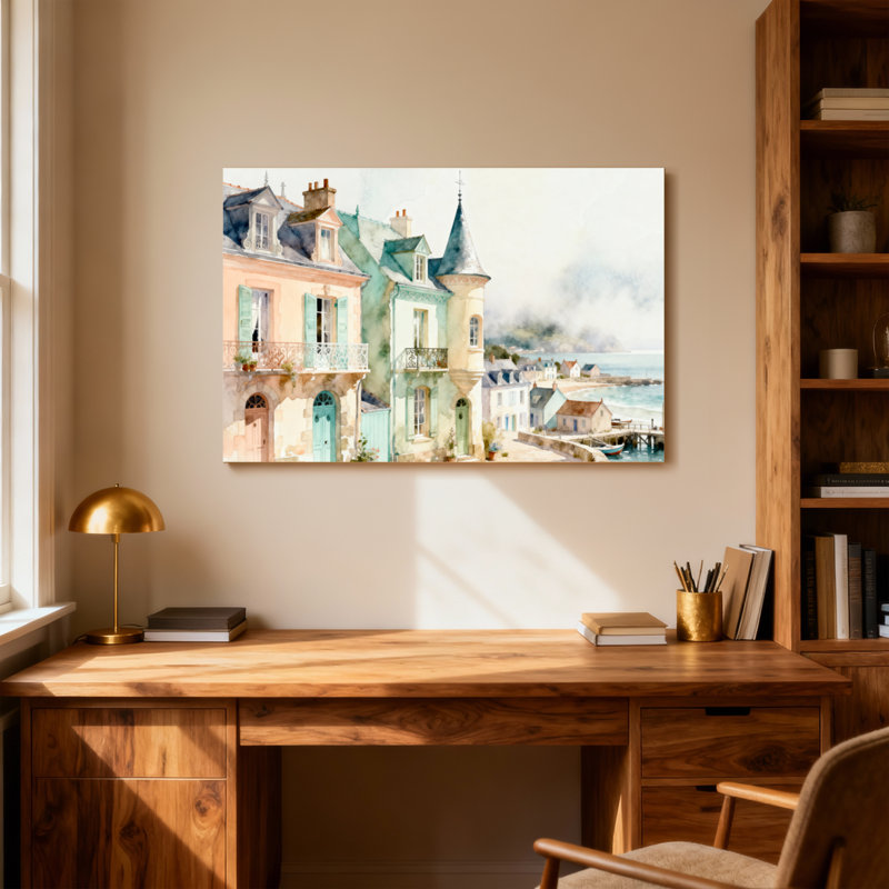 Scène de village côtier avec maisons pastel, H 32 po x l 48 po