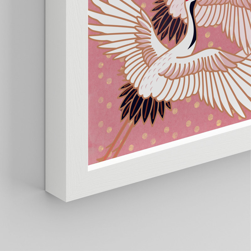 «Crane Bird» à motif d'animaux à pois roses, impression sur papier, 4 pièces, Blanc, H 11 po x l 14 po