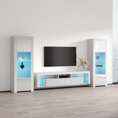 Meuble audio-vidéo trois pièces 128,7 po avec éclairage à DEL 16 couleurs, finition ultrabrillante
