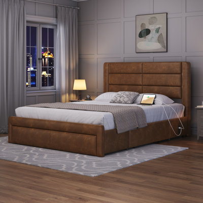 Avelle Vegan Leather Metal Platform Storage Bed with Drawers and Built-In USB Ports