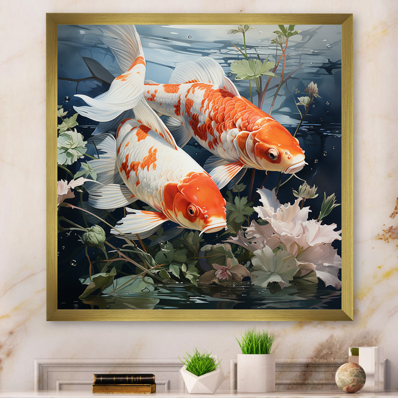 «China Orange Tranquil Koi Pond Oasis», art mural Chine, Cadre doré simple, H 30 po x l 30 po x P 1,5 po