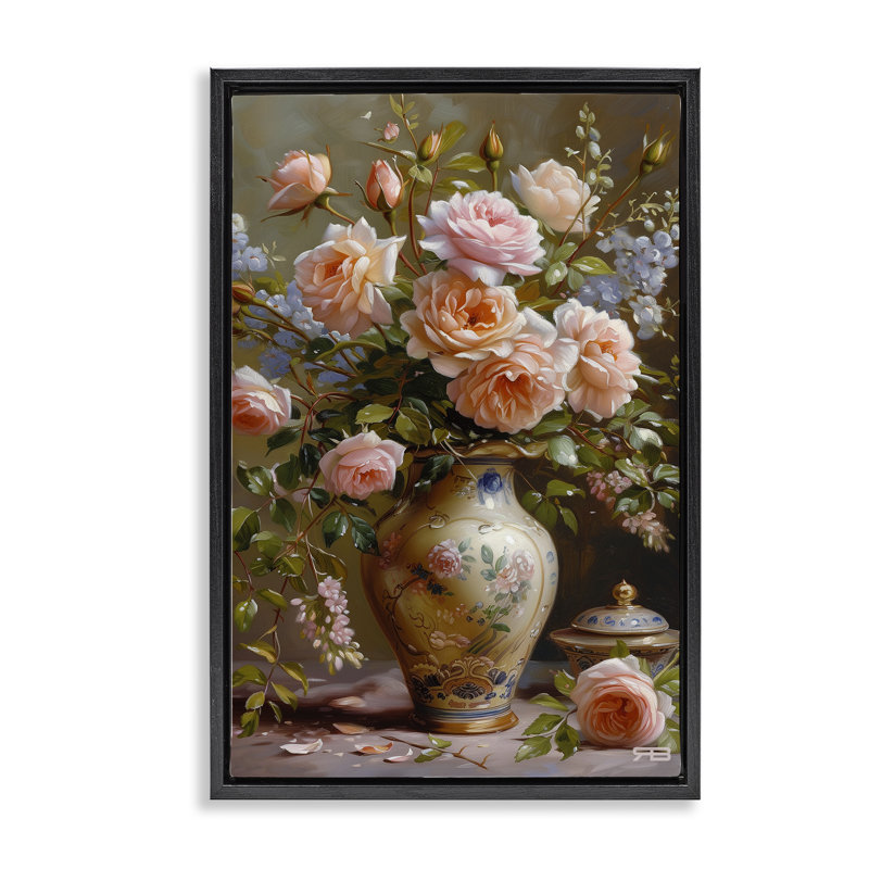 Roses dans un vase flottant encadré par Roozbeh Bahramali, H 25 po x l 17 po, Cadre flottant noir de jais