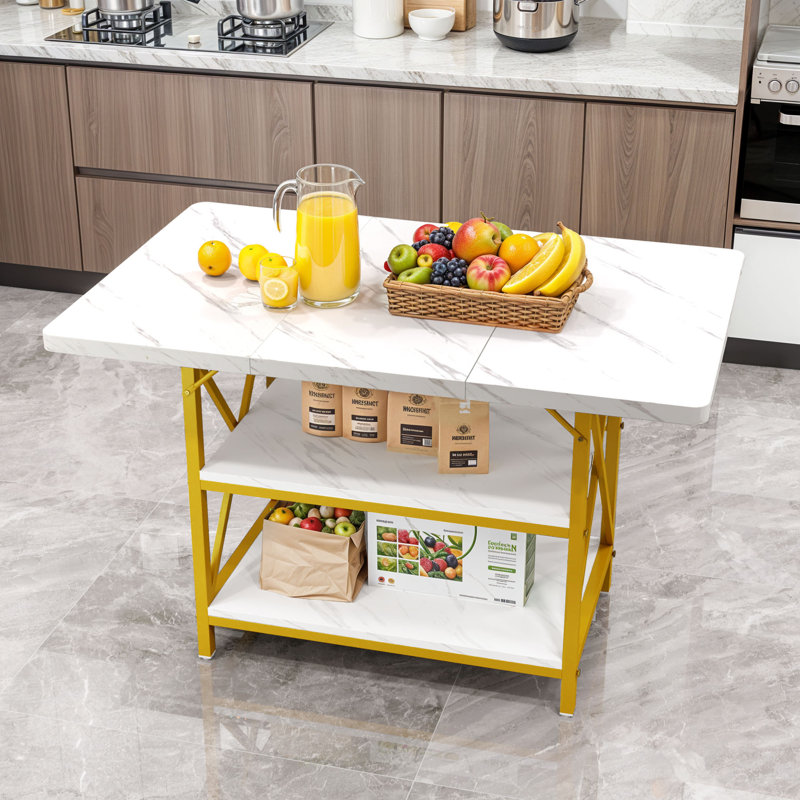 47" Modern Rectangular Dining Table, Dining Room Table, Multifunction Table  with Double Layer Shelves, White, Gold