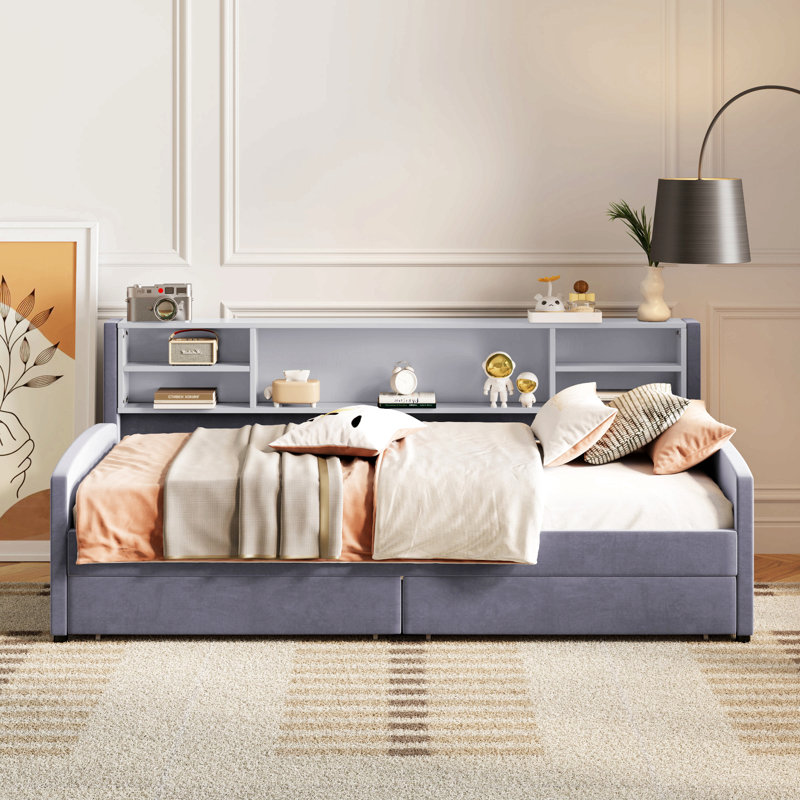 Lit plateforme simple tapissier avec rangement et tiroirs, Gris