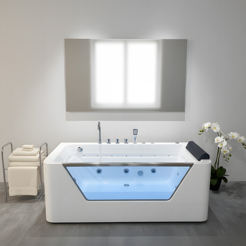 Baignoire tourbillon 67 ", baignoire à jets d'hydrothérapie avec panneau en verre, 7 jets, tablier à 3 côtés, 89 gallons, blanc