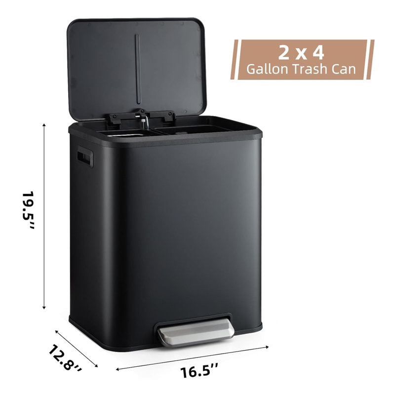 Poubelle, poubelle double en acier inoxydable 2 x 4 gallons (2 x 15 L) avec bac de recyclage, couvercle à fermeture en douceur, poubelle à pédale, argent (avec seaux intérieurs en plastique amovibles)