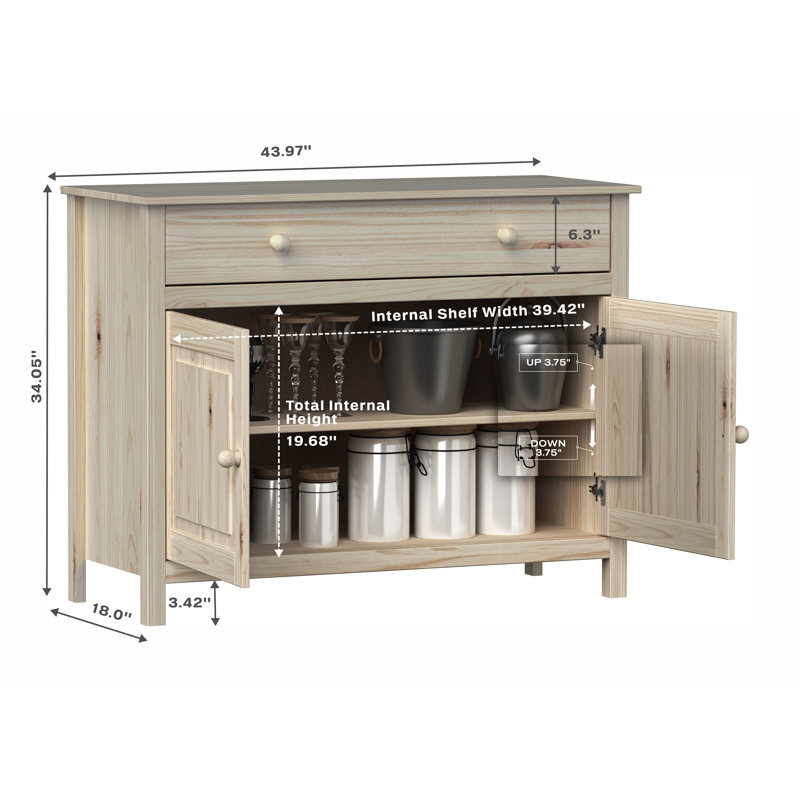 Pine Wood Sideboard & Buffet: 43.89" Wide with 2 Doors and 1 Drawer - Enhance Your Space, Natural
