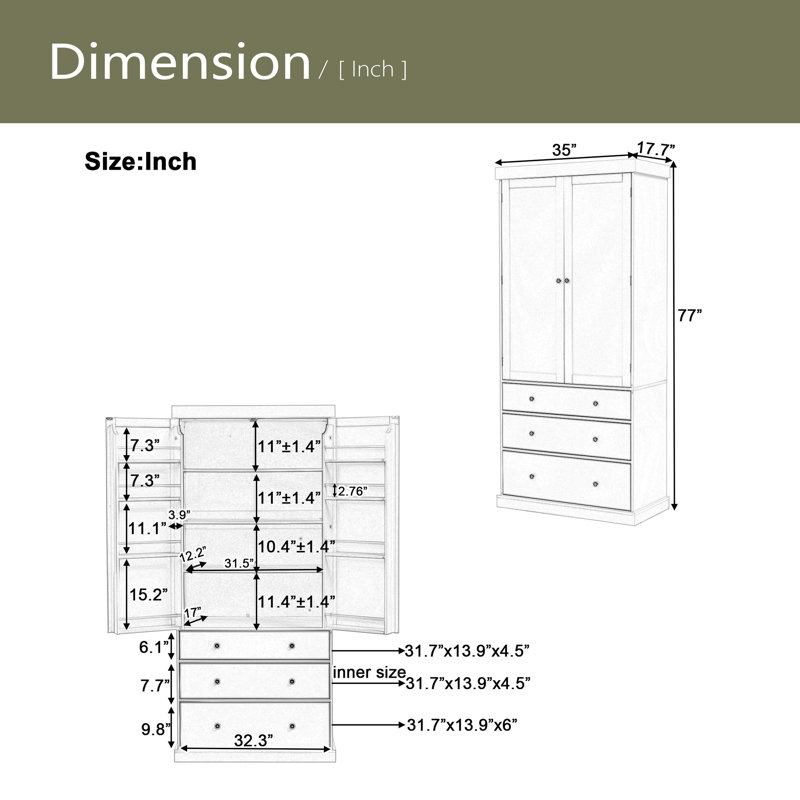 Armoire de cuisine 77 pouces Farmhouse, grande armoire de rangement autoportante avec 3 tablettes réglables, 8 tablettes de porte, 3 tiroirs pour la cuisine