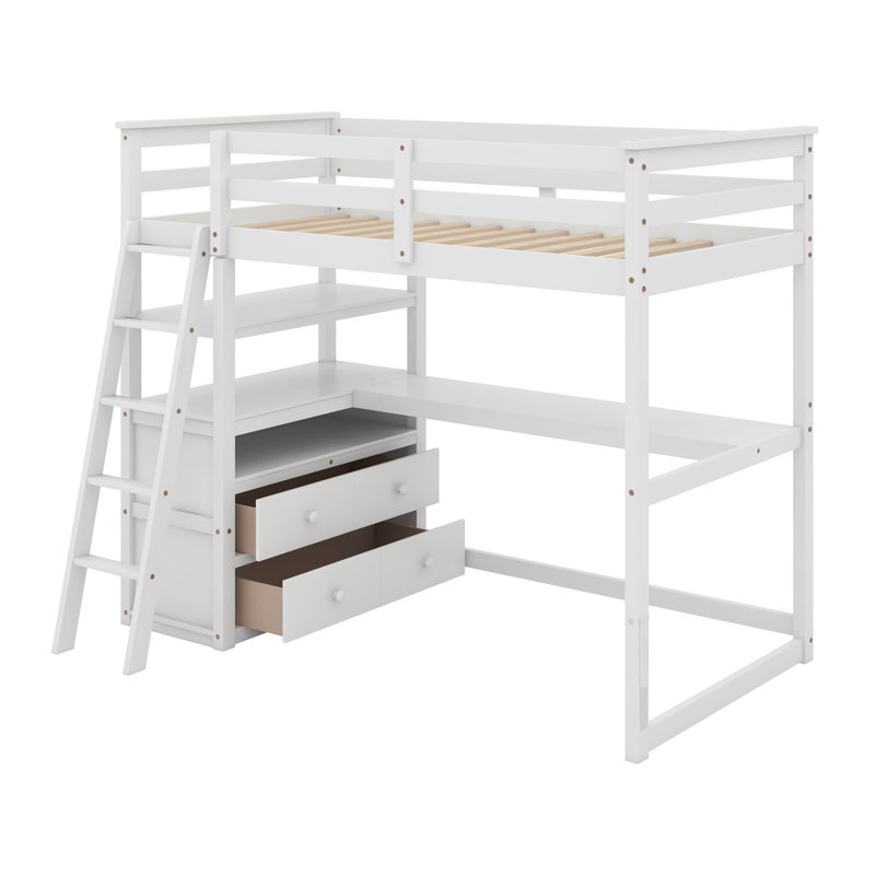 Lit mezzanine simple avec bureau et tablettes, Blanc