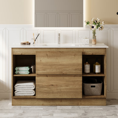 48'' Freestanding Sintered Stone Bathroom Vanities with 2 Soft-Closing Drawers, Solid Wood Bathroom Sink Vanity with Basin and Open Shelves