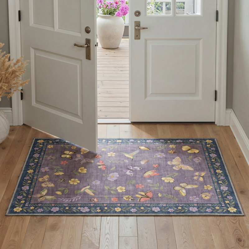 Tapis d'intérieur bleu / mauve / jaune Adonis Mirabelle lavable à la machine avec envers antidérapant, Rectangle 6 pi x 9 pi