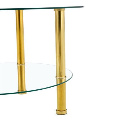 Table basse contemporaine en verre trempé à double couche de style contemporain - plateau de 27,5 po et dessous de 23,6 po. Plateau de table en verre renforcé, pieds en acier inoxydable plaqué or.