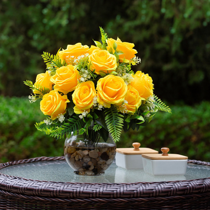 Silk Rose Arrangement in Vase, Yellow