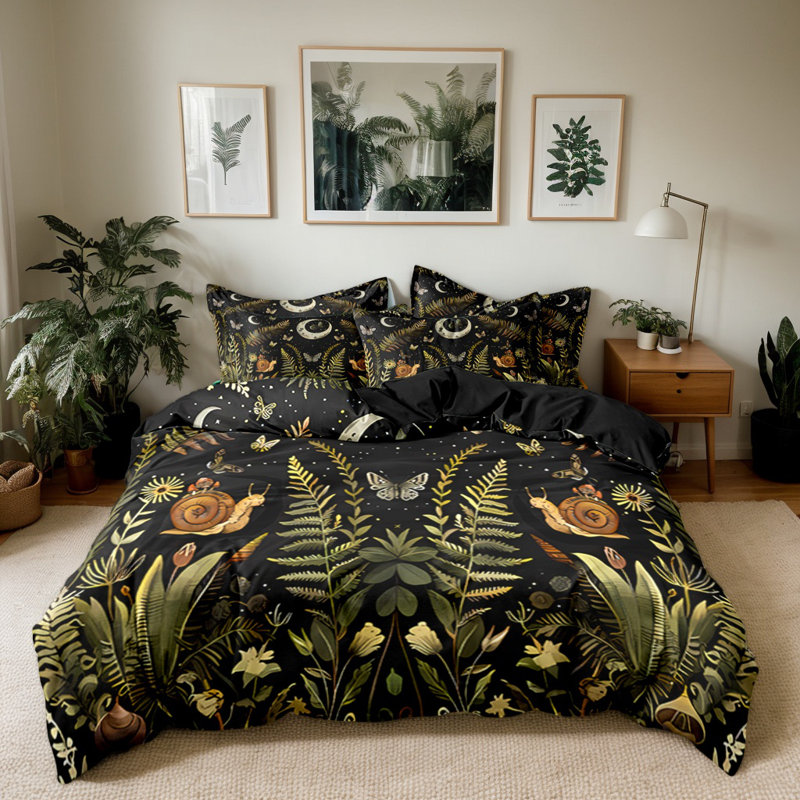 Forest Snail Botanical Microfiber Duvet Cover Set with Pillowcases, Digital Print Woodland Ferns and Moon Front on Black with Solid Black Back, Reversible Bedding, Twin Full Queen King, Comforter and Pillow Inserts Not Included
