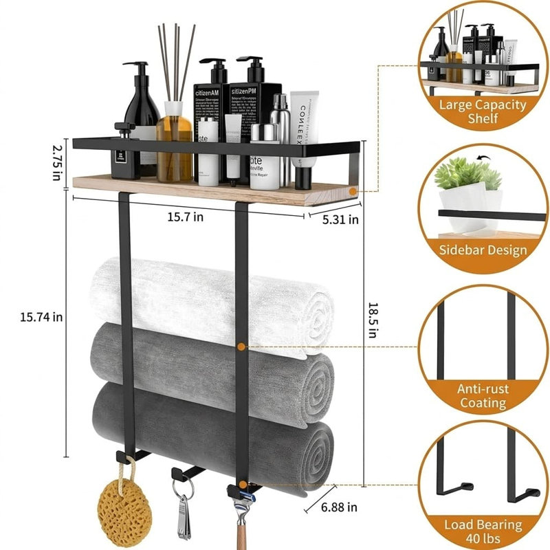 Porte-serviettes mural en métal avec tablette en bois pour grandes serviettes pliées, organisateur de salle de bain pour VR et camping