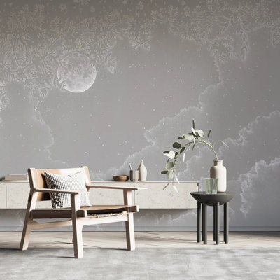 Elegant Gray Moon And Cloud Wall Mural, Vintage Toile Night Sky Landscape Design, Bedroom Living Room Nursery Wallpaper Decor