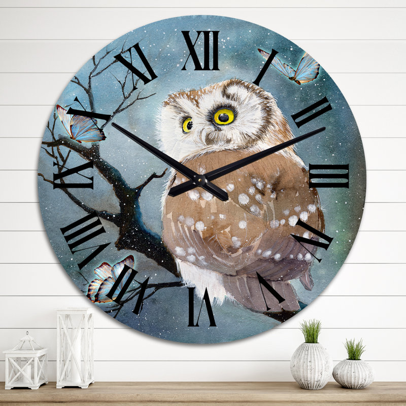 Horloge murale traditionnelle An Owl avec plumes brunes claires et taches blanches, Moyen